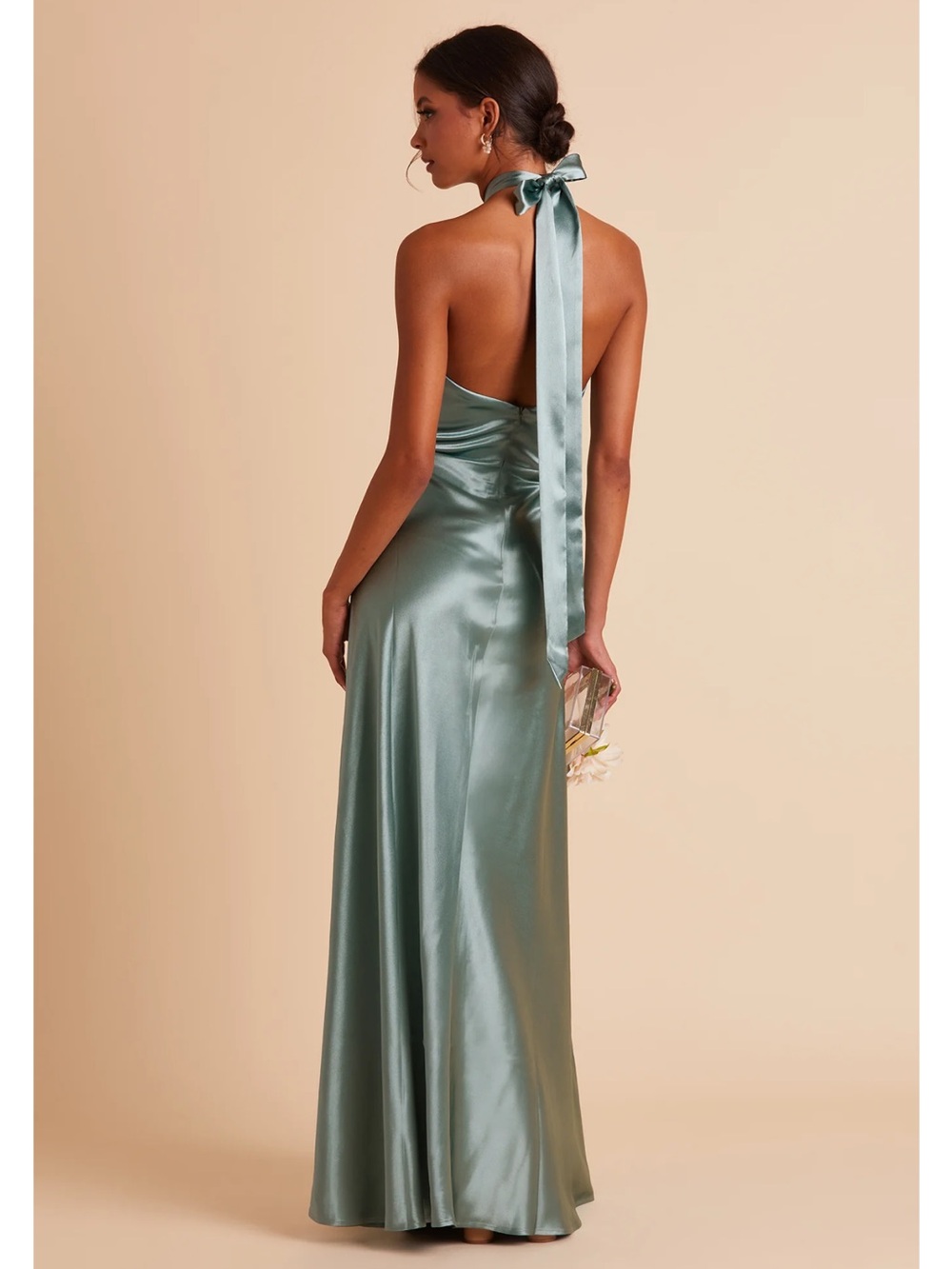 Satin Halter Neck Evening Gown in Sage Green - Picture 2 of 4